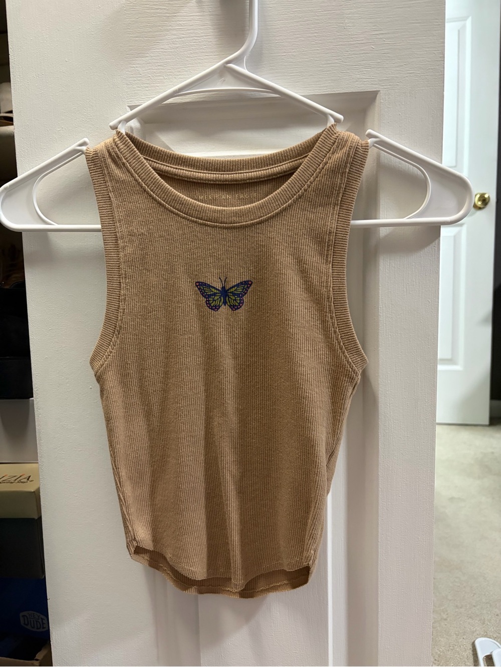 American Eagle Outfitters Tan Ribbed Tank with Embroidered Butterfly - NWOT